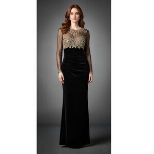Xscape Beaded Illusion Bodice Velvet Evening Gown, Black & Gold, Womens Size 2